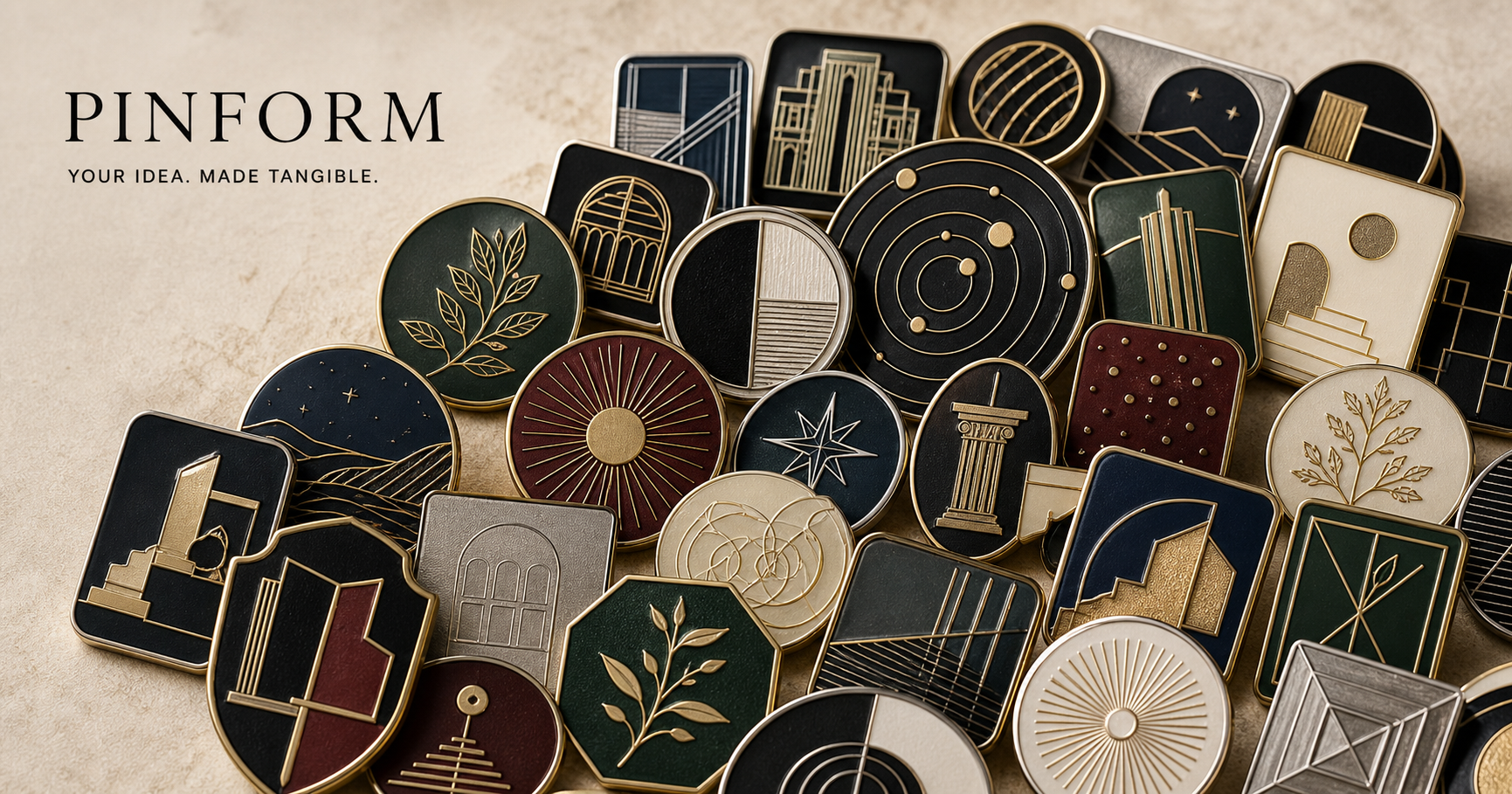 A layered collection of more than twenty premium custom enamel pins