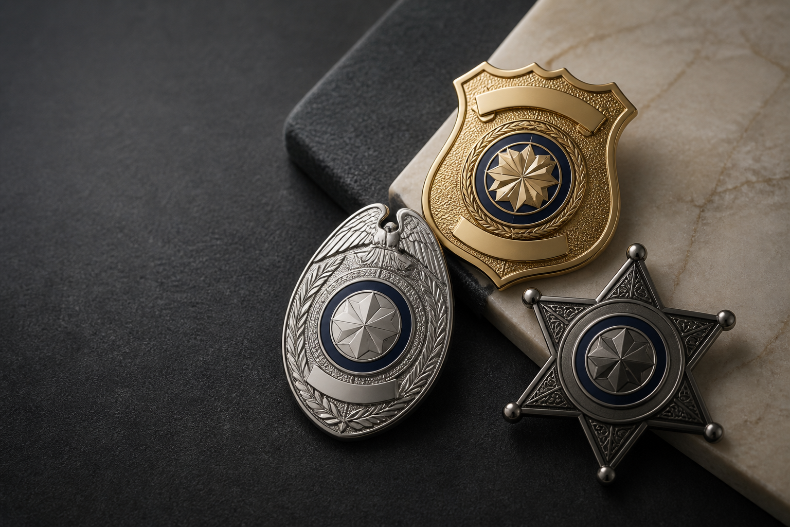 Three premium fictional custom badge samples in gold, silver, and dark nickel